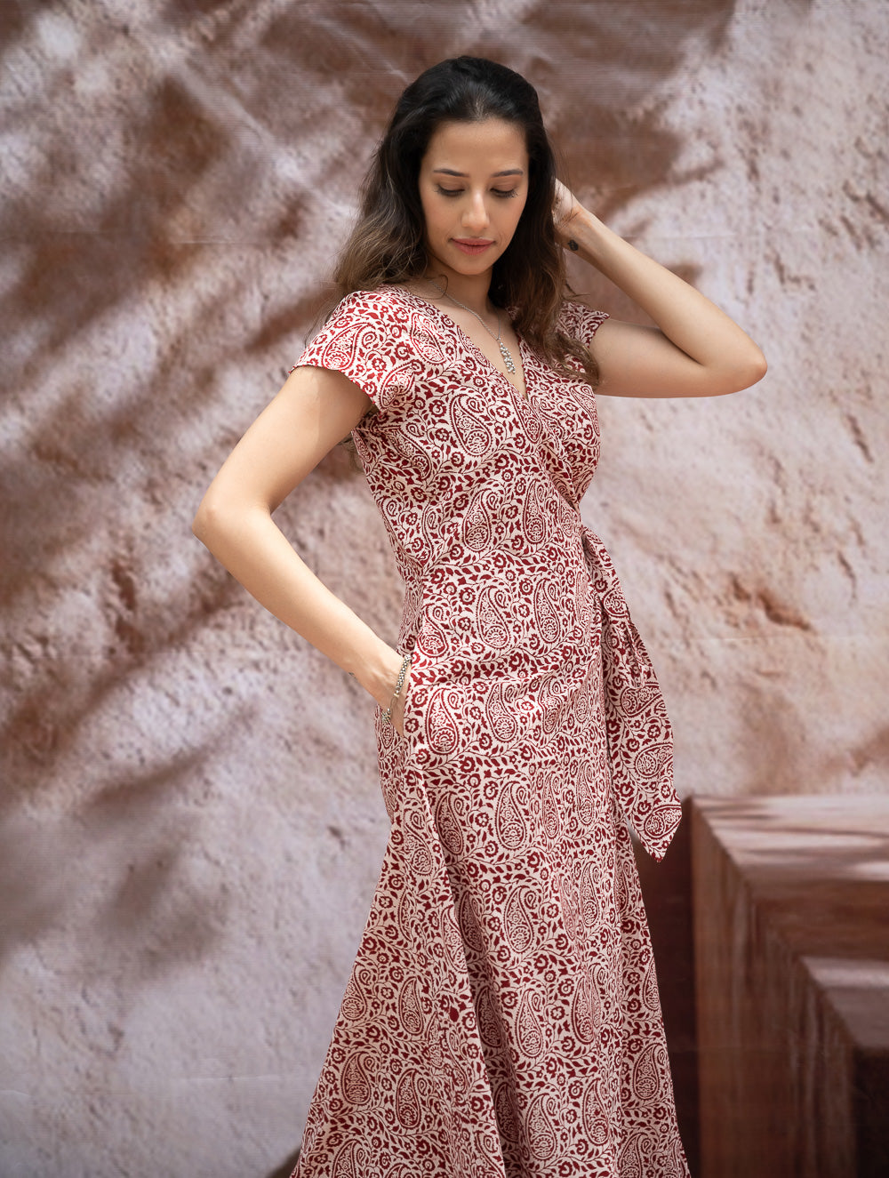 Load image into Gallery viewer, The Work Edit. Bagh Print Cotton Wrap Dress - Paisleys