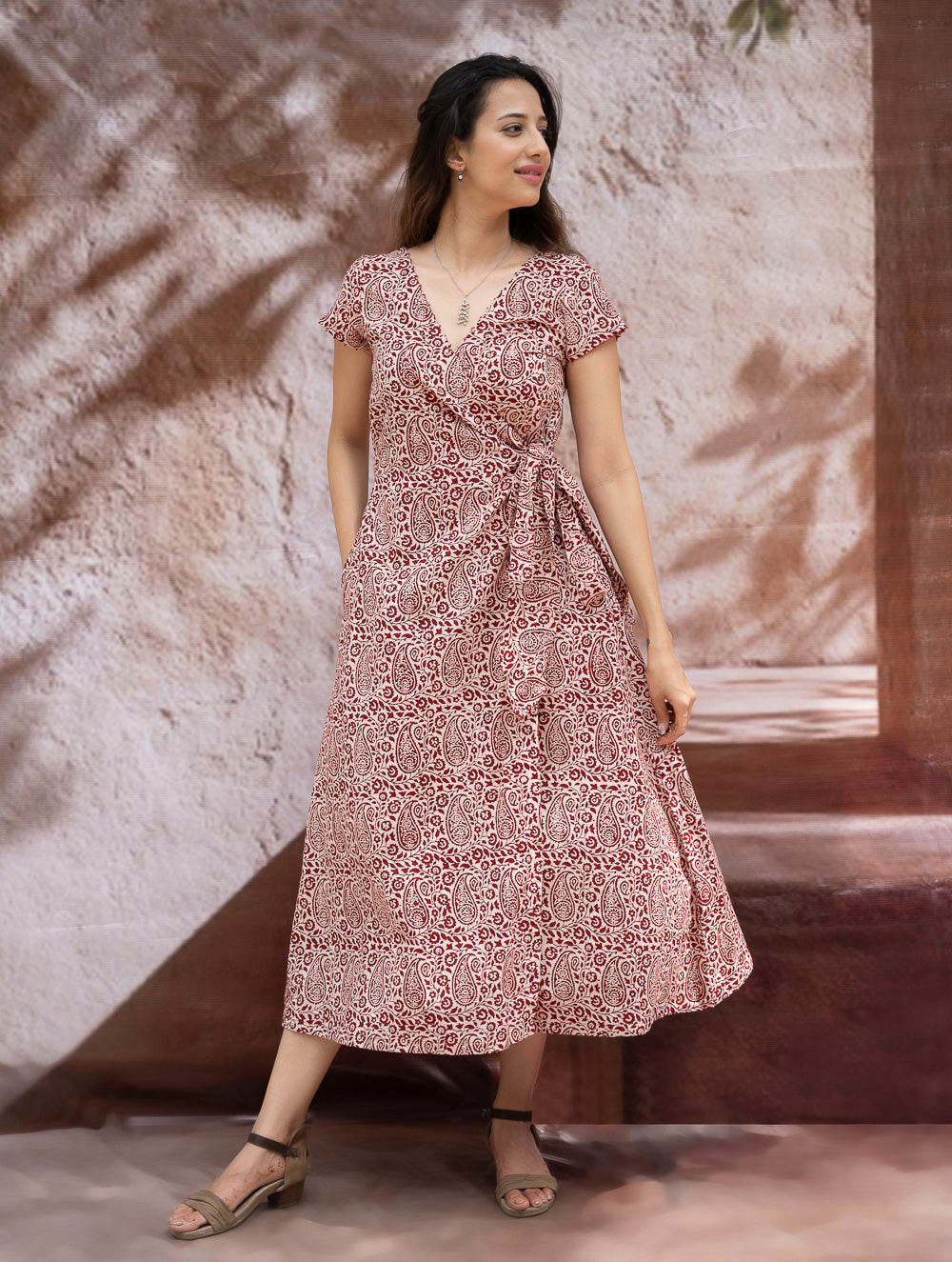 Load image into Gallery viewer, The Work Edit. Bagh Print Cotton Wrap Dress - Paisleys