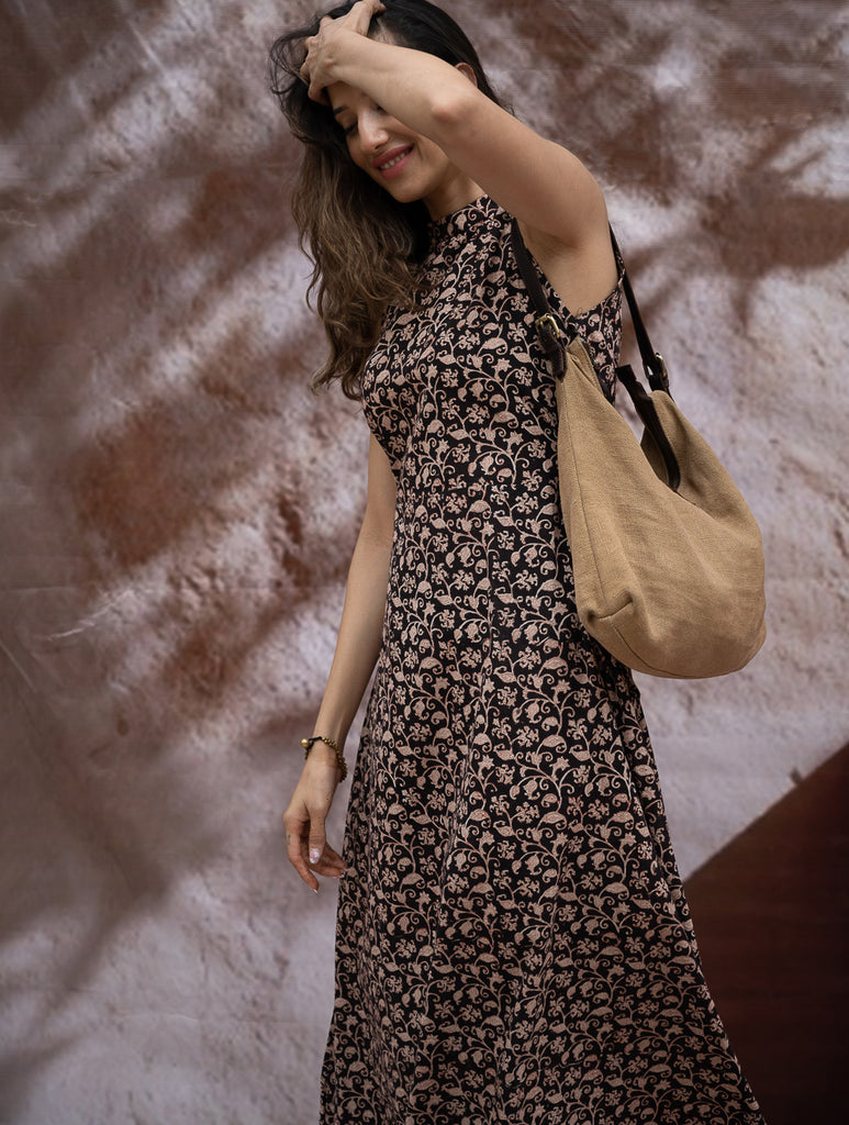 The Work Edit. Bagru Hand Block Printed Cotton Dress - Black Vine