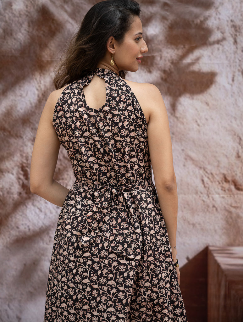 The Work Edit. Bagru Hand Block Printed Cotton Dress - Black Vine