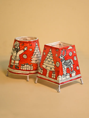 The Christmas Tableau - Andhra Leather Craft Lamp Shade Pair - Crimson Tidings (Set of 2)