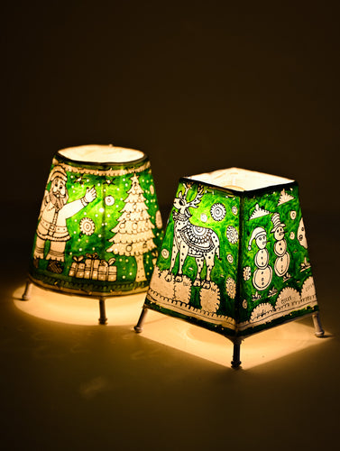 The Christmas Tableau - Andhra Leather Craft Lamp Shade Pair - Evergreen Joy (Set of 2)