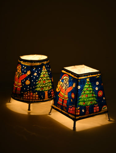 The Christmas Tableau - Andhra Leather Craft Lamp Shade Pair - Navy Celebrations (Set of 2)