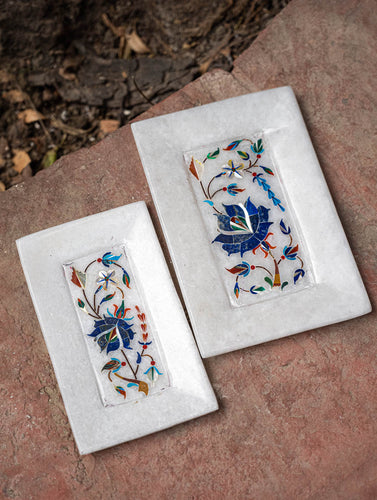 The Gulraiz Collection. Exclusive Blue Bloom Marble Inlay Trays (Set of Two)