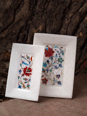 The Gulraiz Collection. Exclusive Red Flora Marble Inlay Rectangular Trays, (Set of Two)