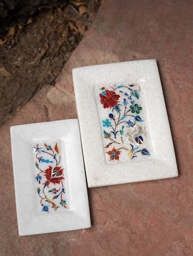 The Gulraiz Collection. Exclusive Red Flora Marble Inlay Rectangular Trays, (Set of Two)