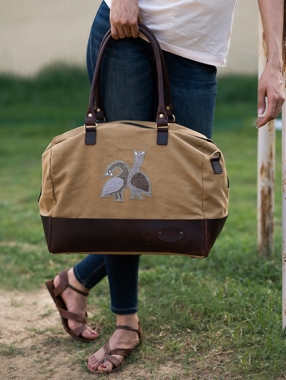 The Kantha & Canvas Duffle Bag - Khakhi Peacocks