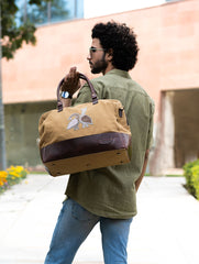 The Kantha & Canvas Duffle Bag - Khakhi Peacocks