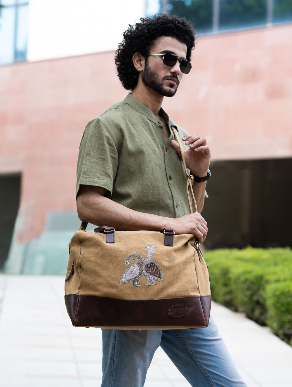 The Kantha & Canvas Duffle Bag - Khakhi Peacocks