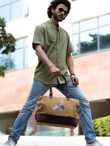 The Kantha & Canvas Duffle Bag - Khakhi Peacocks
