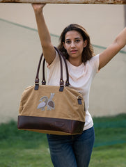 The Kantha & Canvas Duffle Bag - Khakhi Peacocks