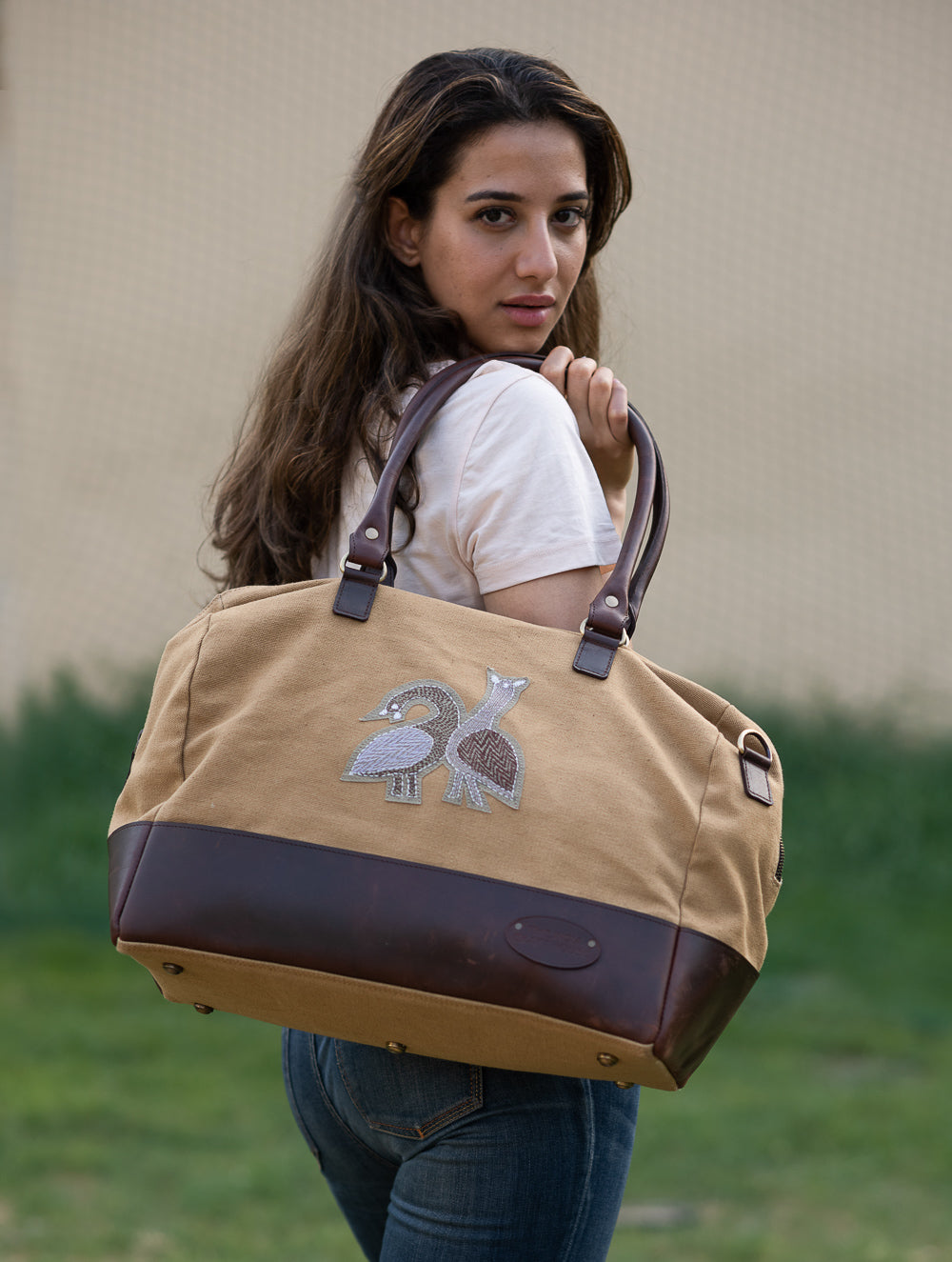 The Kantha & Canvas Duffle Bag - Khakhi Peacocks