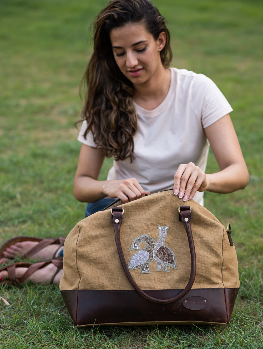 The Kantha & Canvas Duffle Bag - Khakhi Peacocks