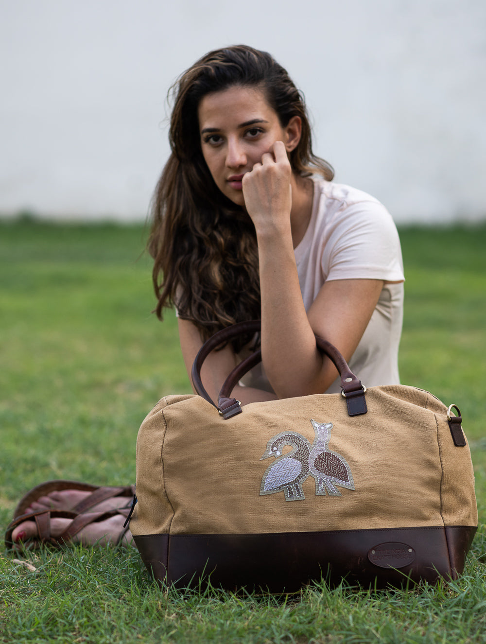 The Kantha & Canvas Duffle Bag - Khakhi Peacocks