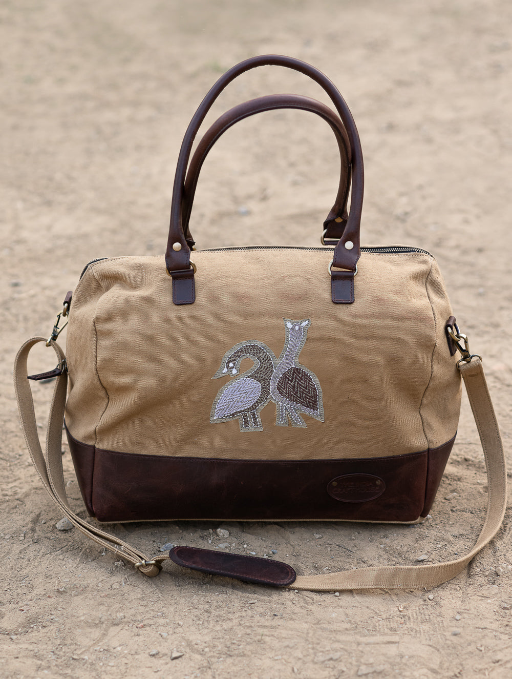 The Kantha & Canvas Duffle Bag - Khakhi Peacocks