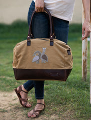The Kantha & Canvas Duffle Bag - Khakhi Peacocks