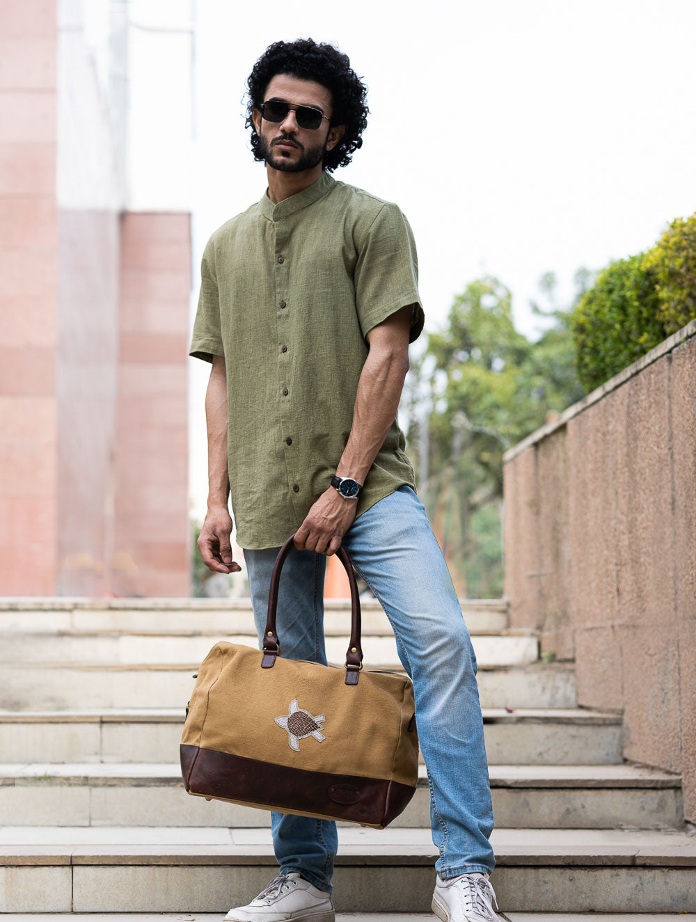 The Kantha & Canvas Duffle Bag - Khakhi Turtle