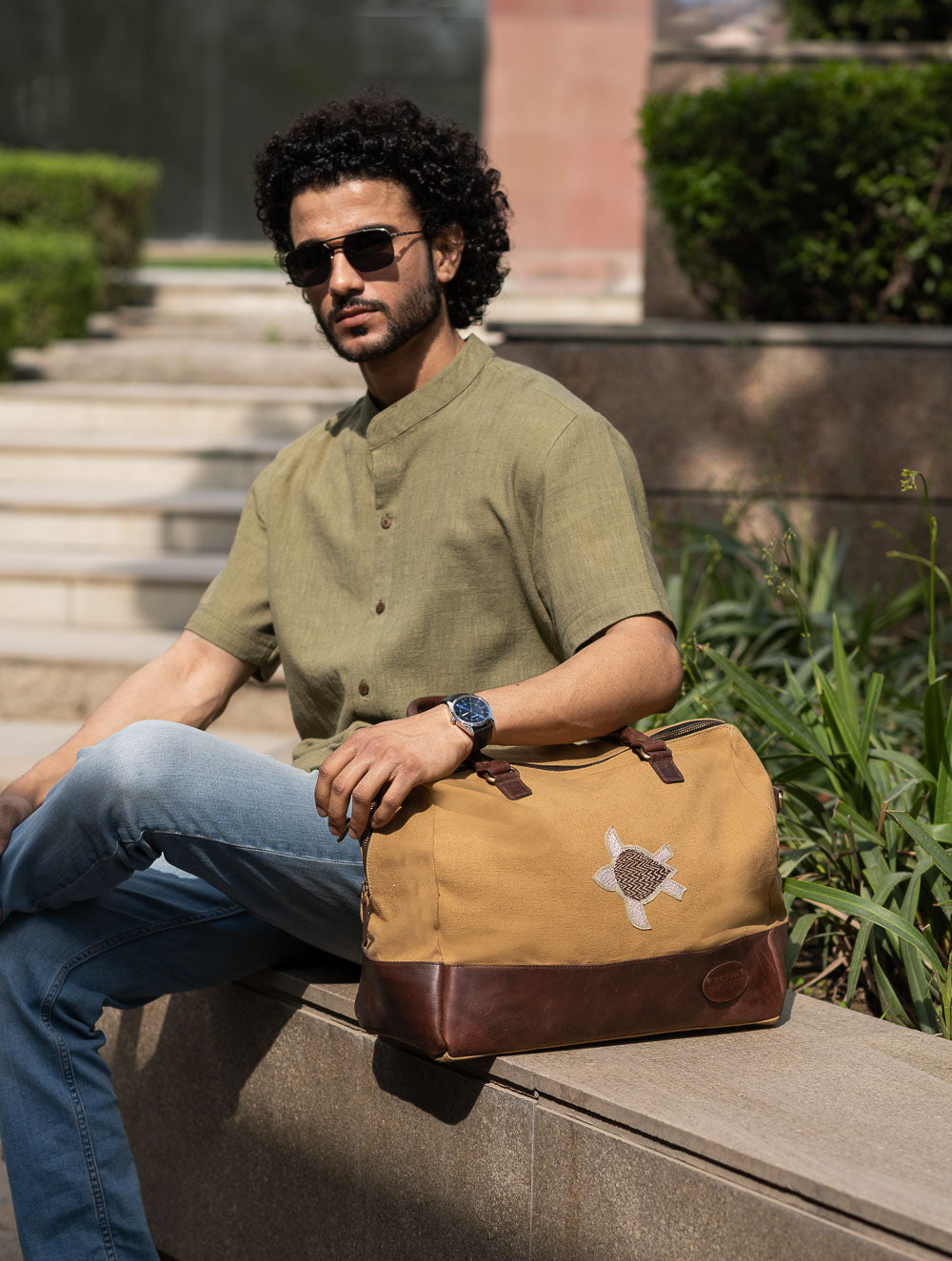 The Kantha & Canvas Duffle Bag - Khakhi Turtle