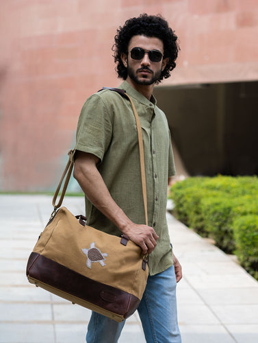 The Kantha & Canvas Duffle Bag - Khakhi Turtle