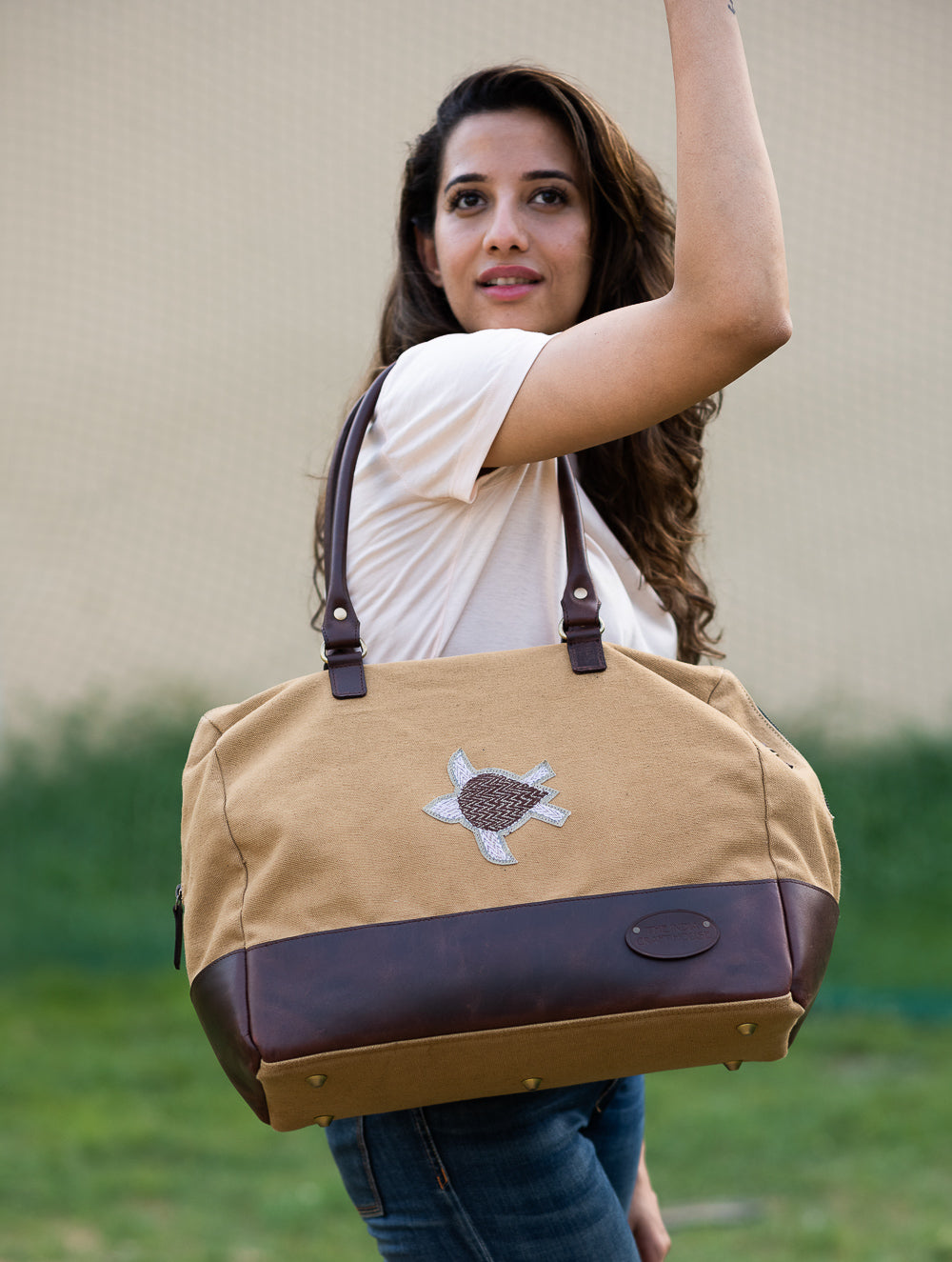 The Kantha & Canvas Duffle Bag - Khakhi Turtle