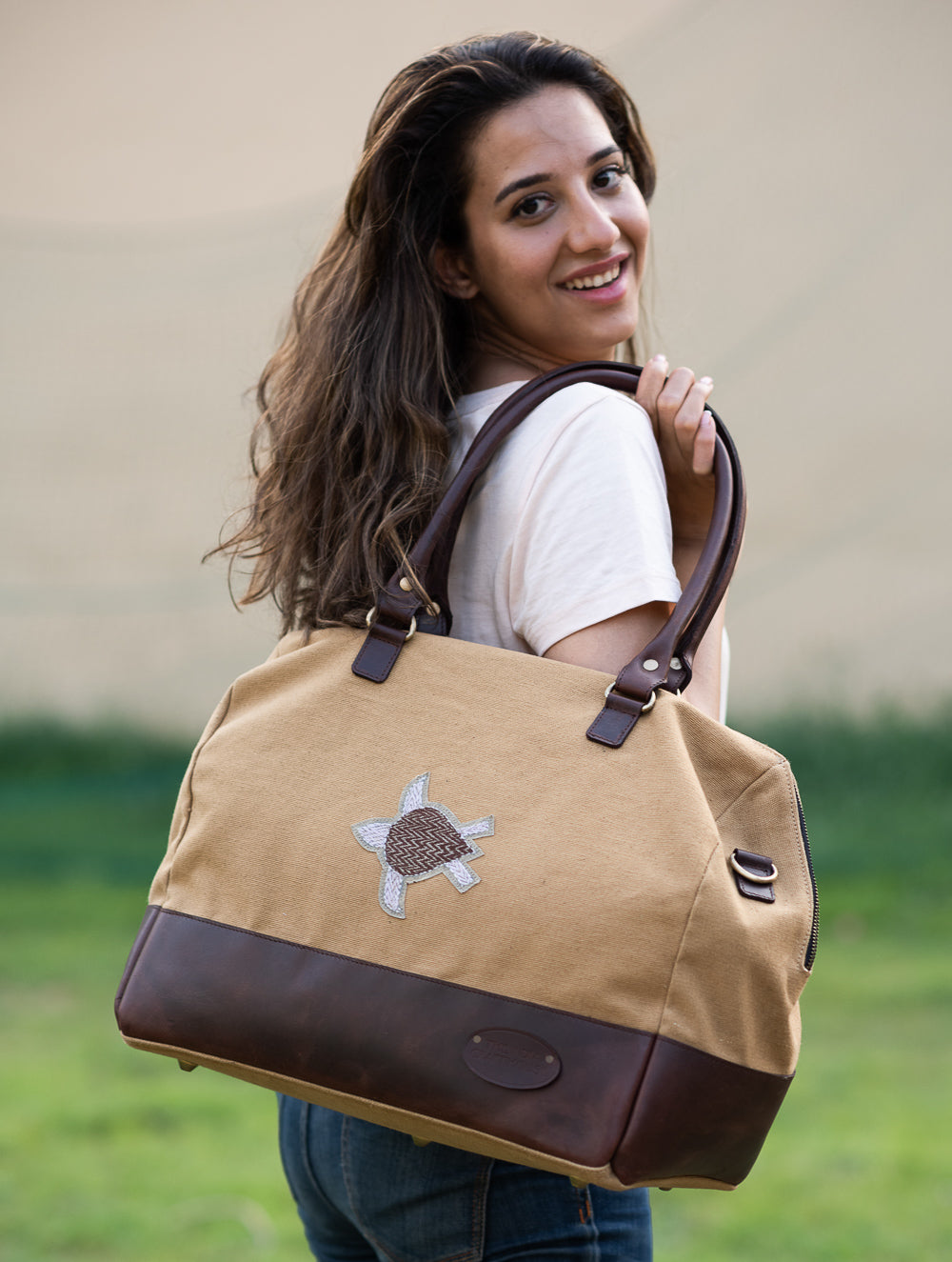 The Kantha & Canvas Duffle Bag - Khakhi Turtle