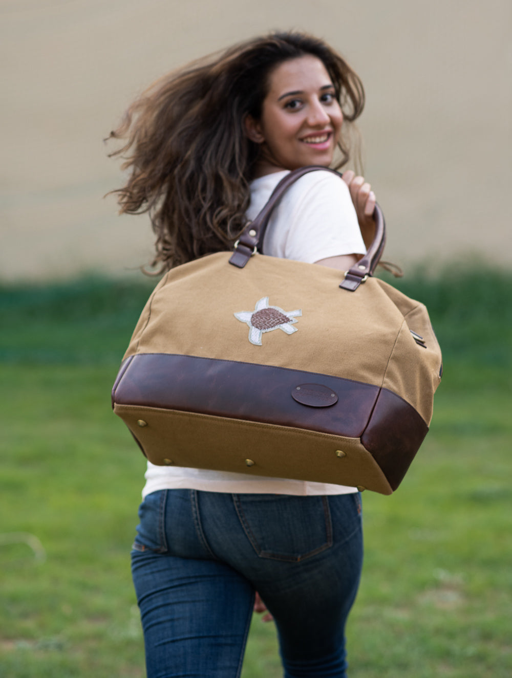 The Kantha & Canvas Duffle Bag - Khakhi Turtle