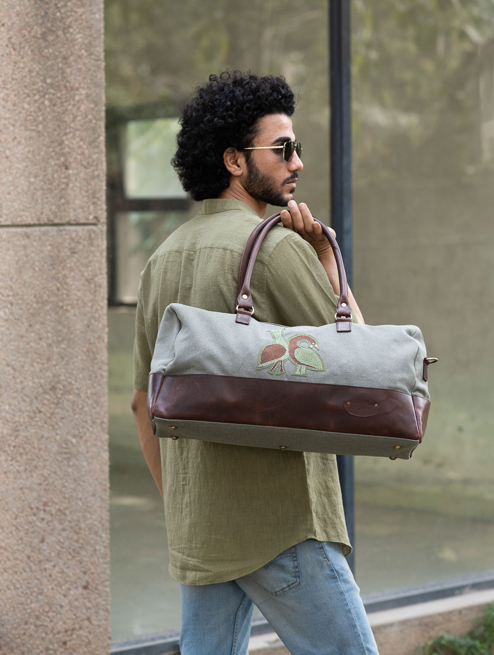 The Kantha & Canvas Duffle Bag - Olive Peacocks