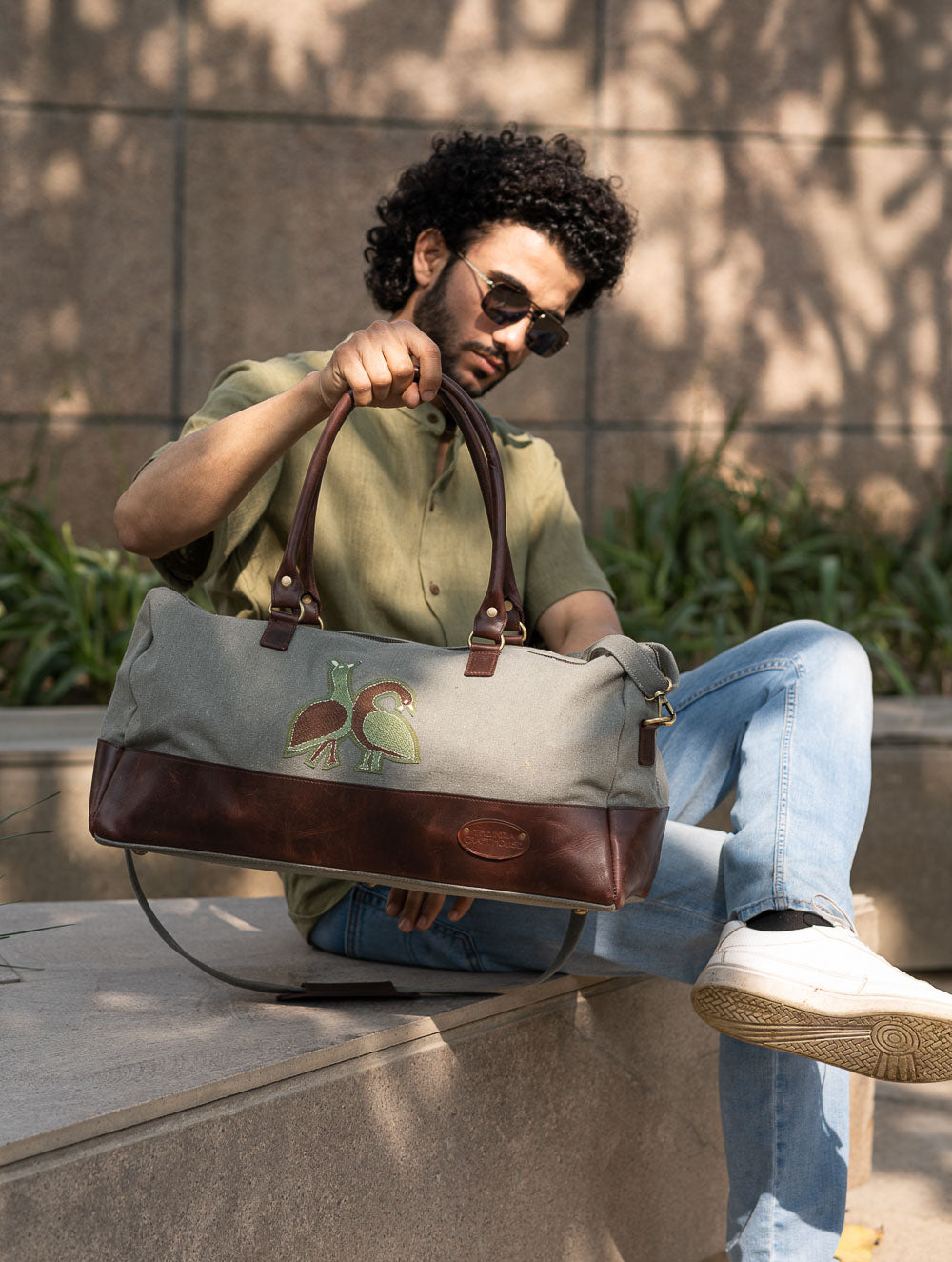 The Kantha & Canvas Duffle Bag - Olive Peacocks