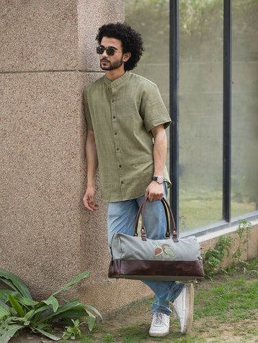 The Kantha & Canvas Duffle Bag - Olive Peacocks