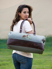 The Kantha & Canvas Duffle Bag - Olive Peacocks
