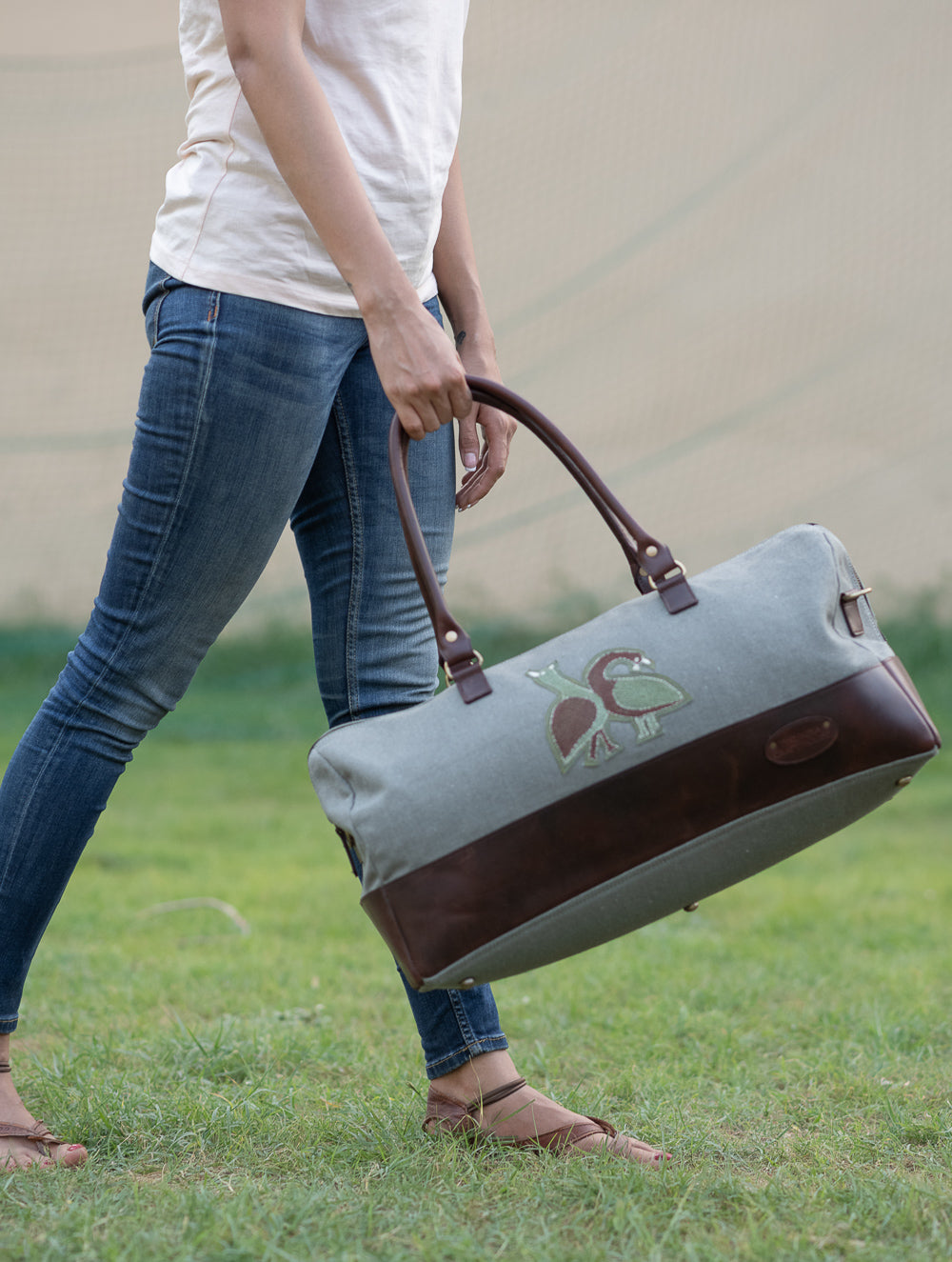 The Kantha & Canvas Duffle Bag - Olive Peacocks