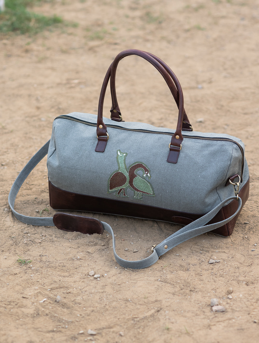The Kantha & Canvas Duffle Bag - Olive Peacocks