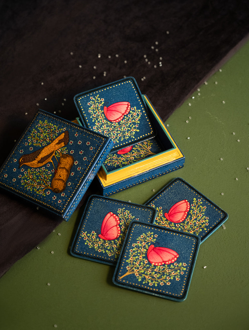 Load image into Gallery viewer, The Shahi Collection. Exclusive, Fine Kashmiri Art Coaster Set - Bird &amp; Butterfly