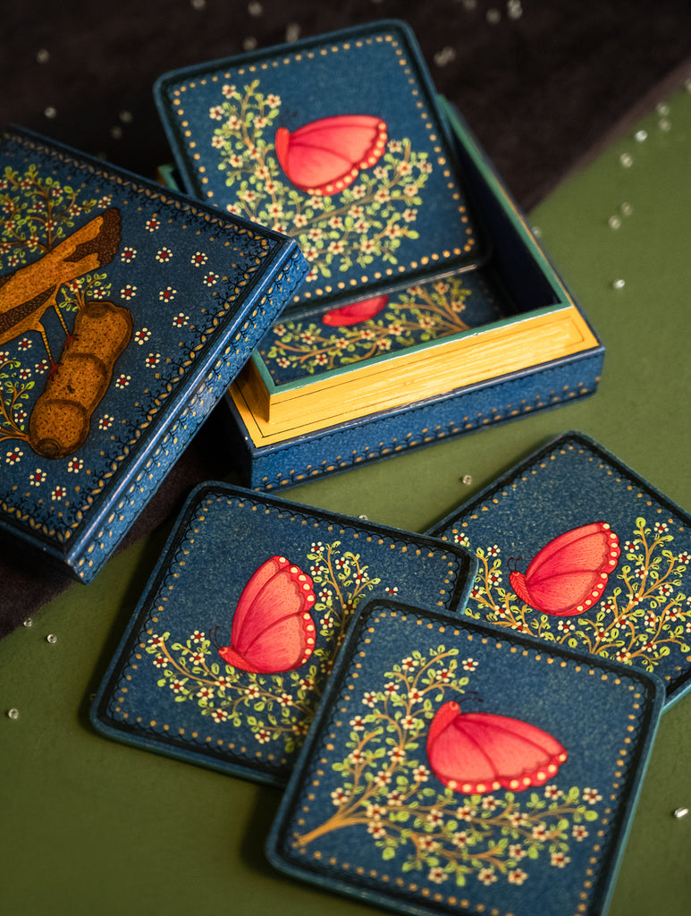 The Shahi Collection. Exclusive, Fine Kashmiri Art Coaster Set - Bird & Butterfly
