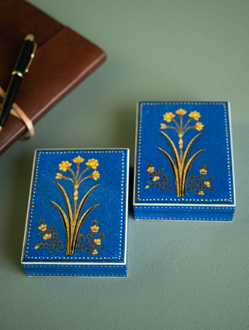 Load image into Gallery viewer, The Shahi Collection. Exclusive, Fine Kashmiri Art Decorative Box - Blue Flower (Set of Two)