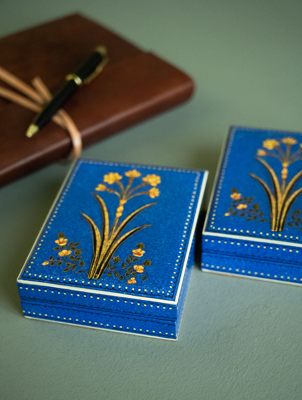 Load image into Gallery viewer, The Shahi Collection. Exclusive, Fine Kashmiri Art Decorative Box - Blue Flower (Set of Two)