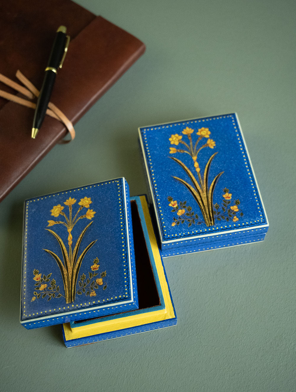 Load image into Gallery viewer, The Shahi Collection. Exclusive, Fine Kashmiri Art Decorative Box - Blue Flower (Set of Two)