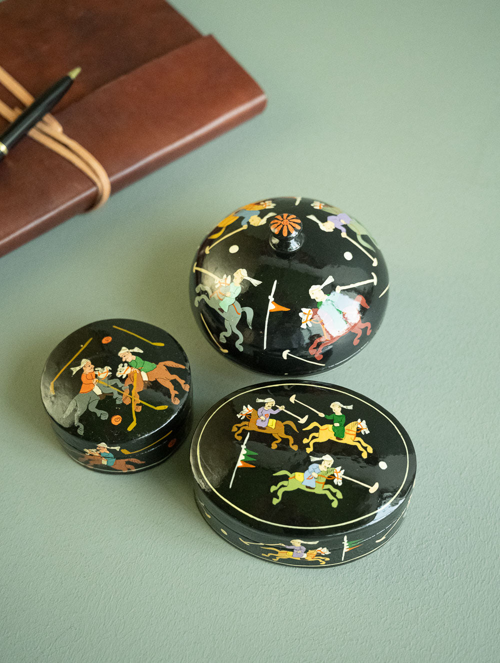 The Shahi Collection. Exclusive, Fine Kashmiri Art Decorative Boxes - Polo in Black (Set of 3)  