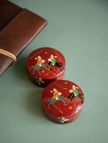 The Shahi Collection. Exclusive, Fine Kashmiri Art Decorative Boxes - Polo in Red (Set of 2)