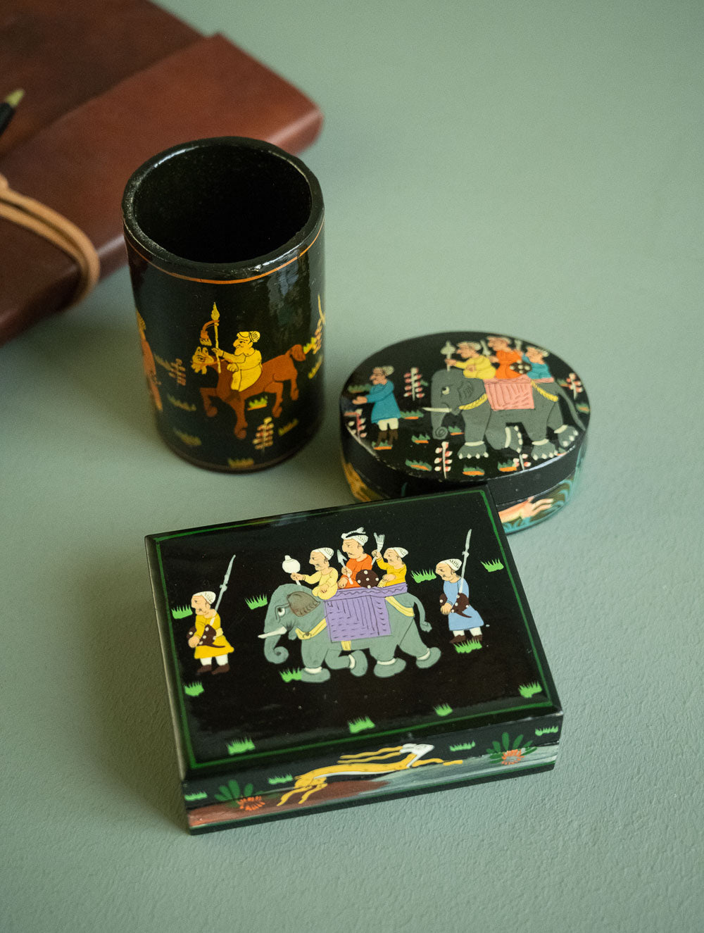 Load image into Gallery viewer, The Shahi Collection. Exclusive, Fine Kashmiri Art Decorative Desk Set - Black Sojourn (Set of Three)