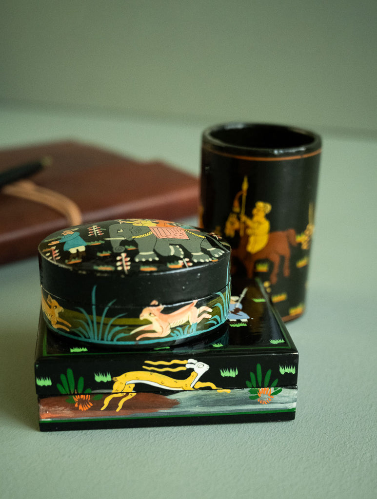 The Shahi Collection. Exclusive, Fine Kashmiri Art Decorative Desk Set - Black Sojourn (Set of Three)