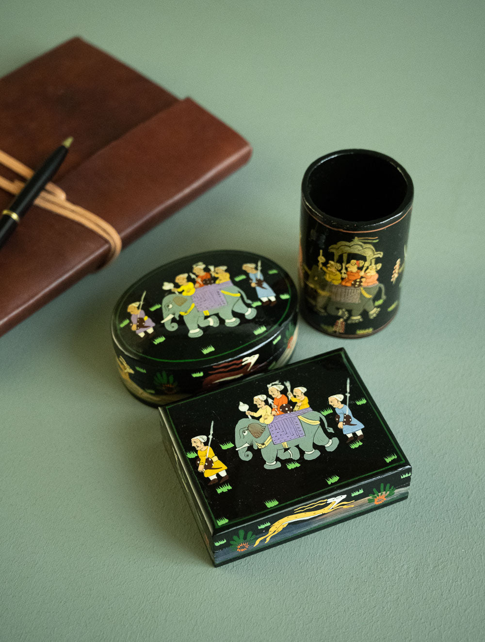 Load image into Gallery viewer, The Shahi Collection. Exclusive, Fine Kashmiri Art Decorative Desk Set - Sojourn in Black (Set of Three)