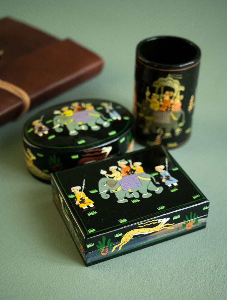 The Shahi Collection. Exclusive, Fine Kashmiri Art Decorative Desk Set - Sojourn in Black (Set of Three)