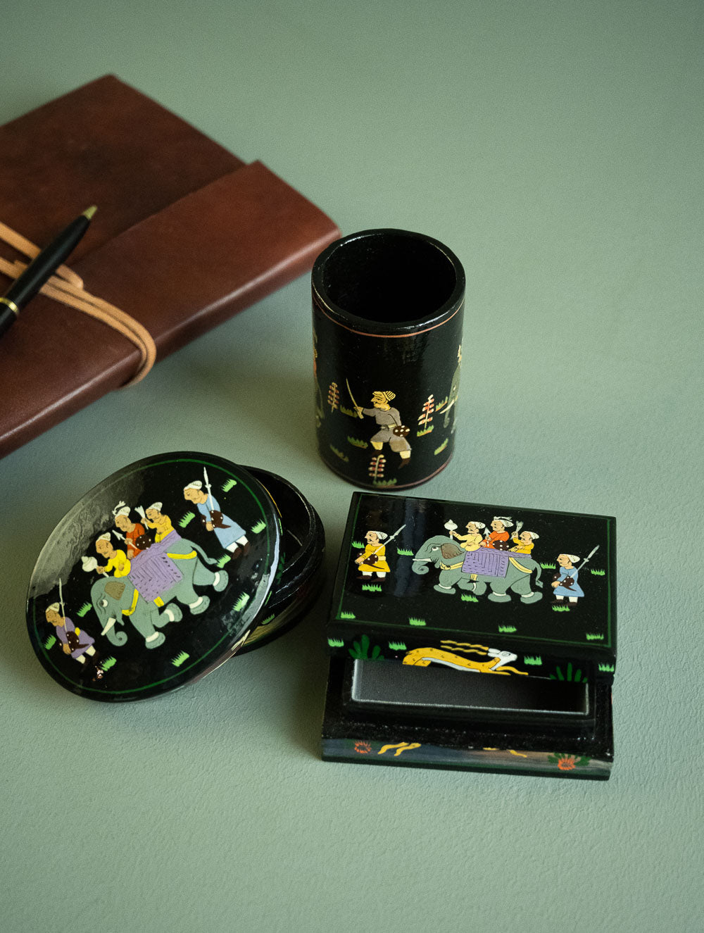 Load image into Gallery viewer, The Shahi Collection. Exclusive, Fine Kashmiri Art Decorative Desk Set - Sojourn in Black (Set of Three)