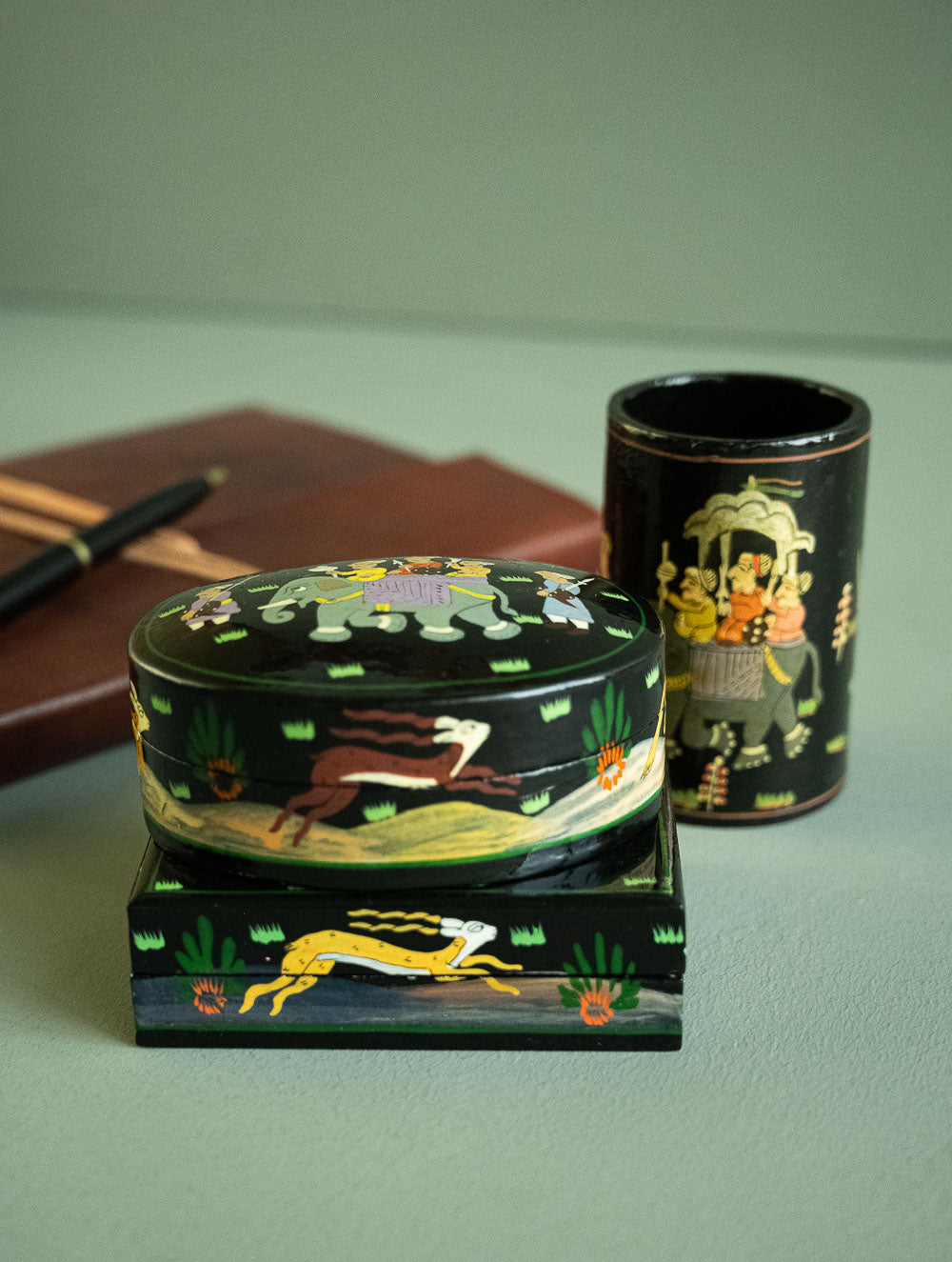 Load image into Gallery viewer, The Shahi Collection. Exclusive, Fine Kashmiri Art Decorative Desk Set - Sojourn in Black (Set of Three)