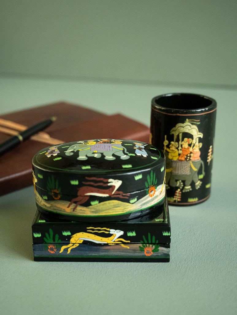 The Shahi Collection. Exclusive, Fine Kashmiri Art Decorative Desk Set - Sojourn in Black (Set of Three)