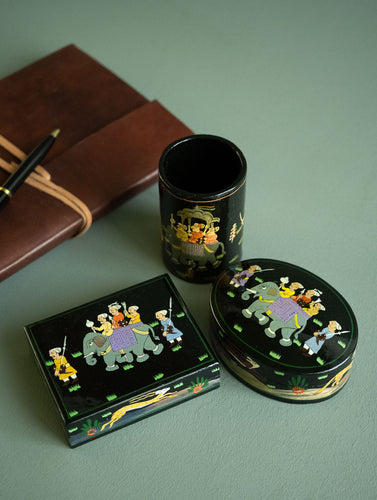 The Shahi Collection. Exclusive, Fine Kashmiri Art Decorative Desk Set - Sojourn in Black (Set of Three)