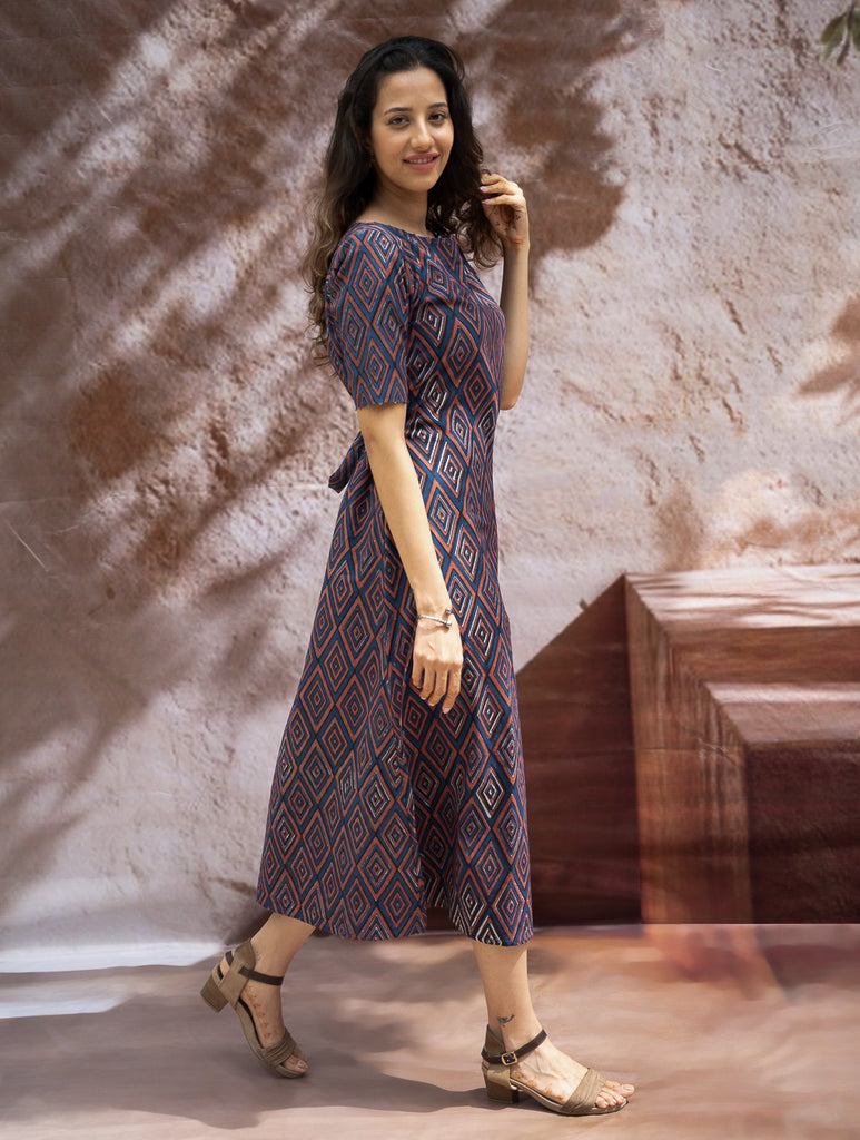 The Work Edit. Bagru HandBlock Printed Dress - Rhombus Trail