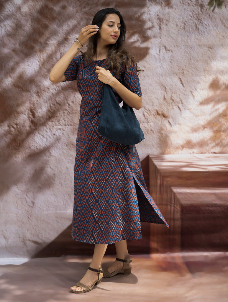 The Work Edit. Bagru HandBlock Printed Dress - Rhombus Trail