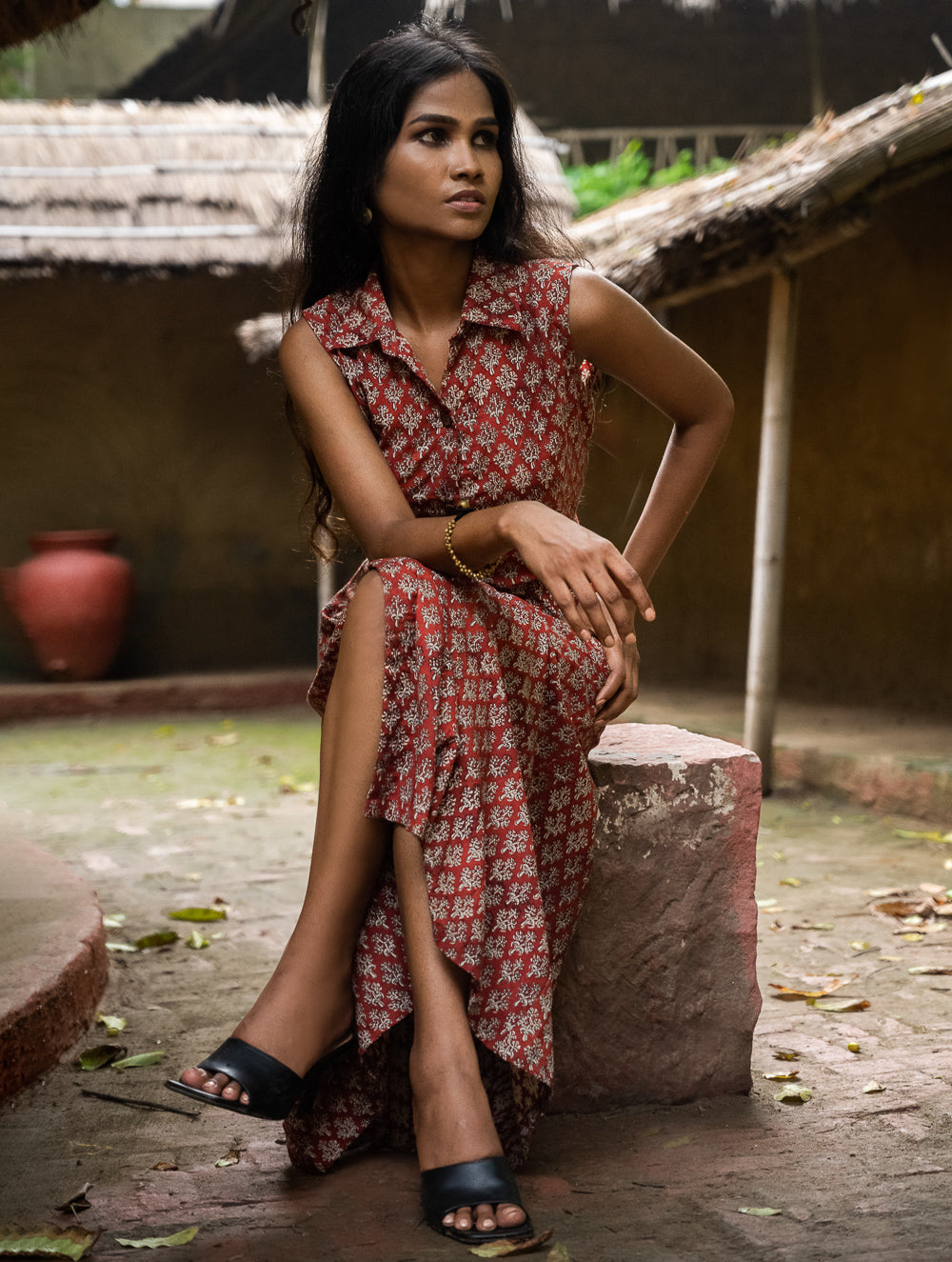 The Work Edit. Bagru Hand Block Printed Cotton Dress - Rust Floret